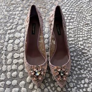 Dolce & Gabbana Blush Lace Heels with Jewel Embellishments